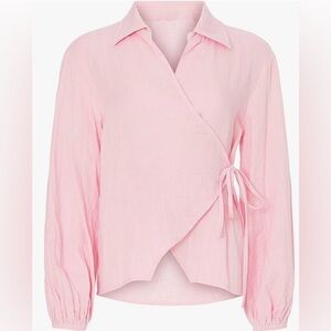 Chic Pink Wrap Blouse with Tie Detail